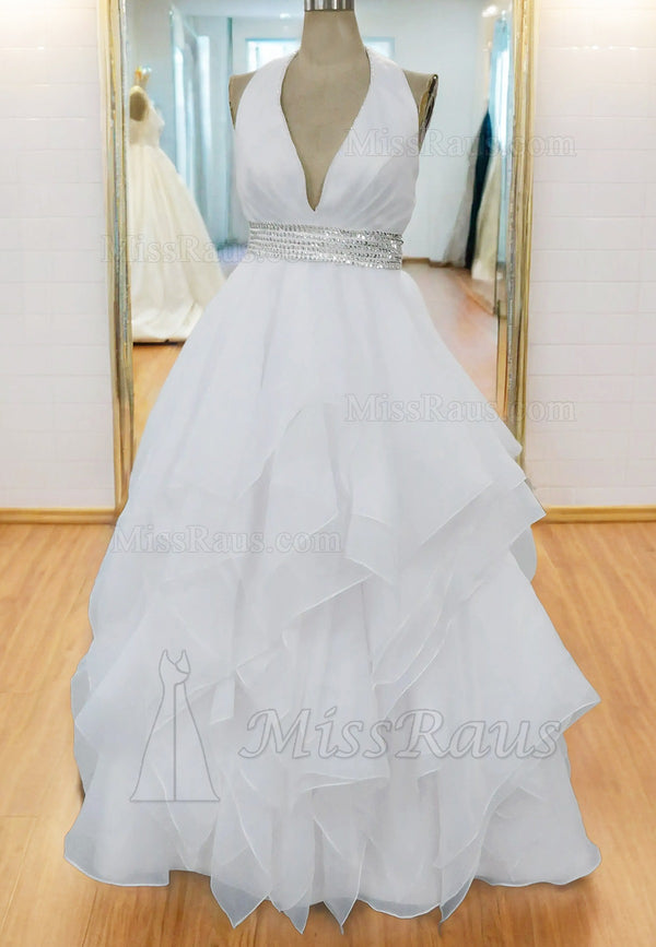 A Line Halter Organza Ruched And Layered Long Wedding Dress