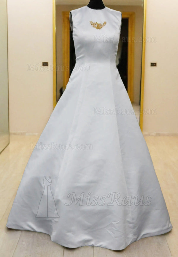 A Line Satin Beaded Muslin Wedding Dress