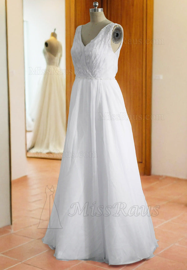 V Neck Chiffon Pleated Beach Wedding Dress